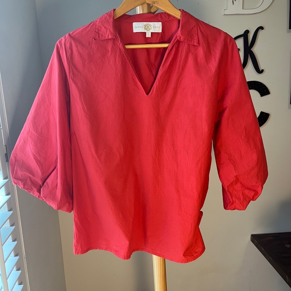 Anna Cate June Top Cherry Coral Puff Sleeve V Neck Cotton Blouse Size Large